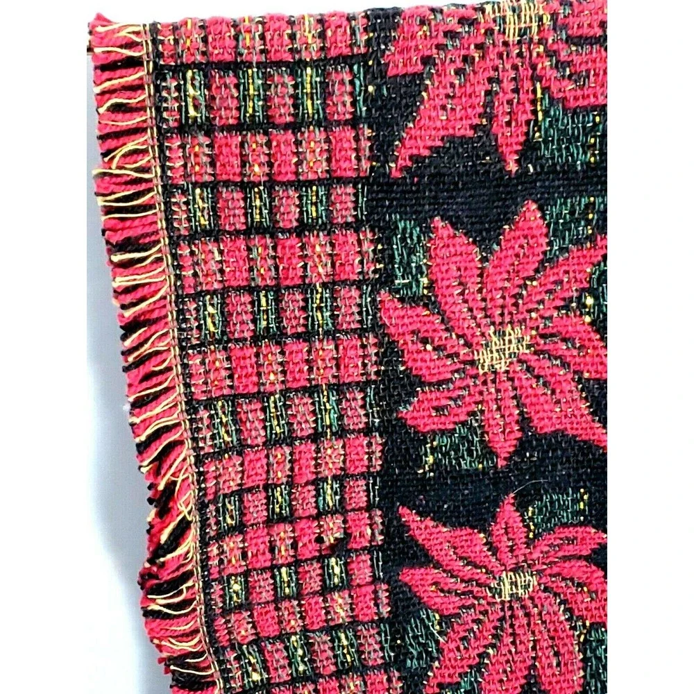 Christmas Table Runner Red Black Green Poinsettia Plaid 12